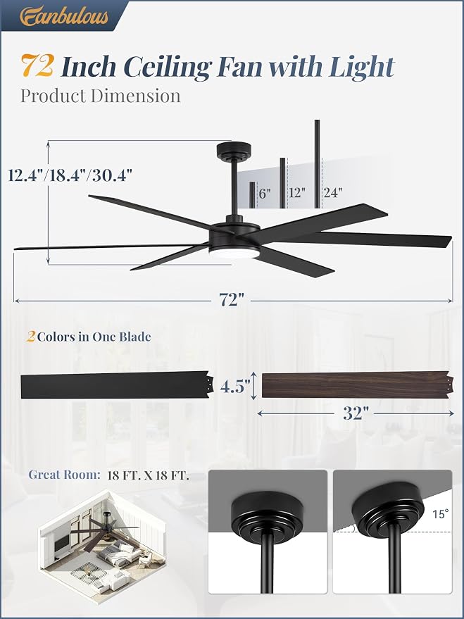 Fanbulous 72 Inch Ceiling Fans with Lights and Remote, Reversible 6 Blades & Dimmable 3-Color Outdoor Ceiling Fans for Patios, DC Motor Large Ceiling Fan for Indoor or Covered Outdoor, Black