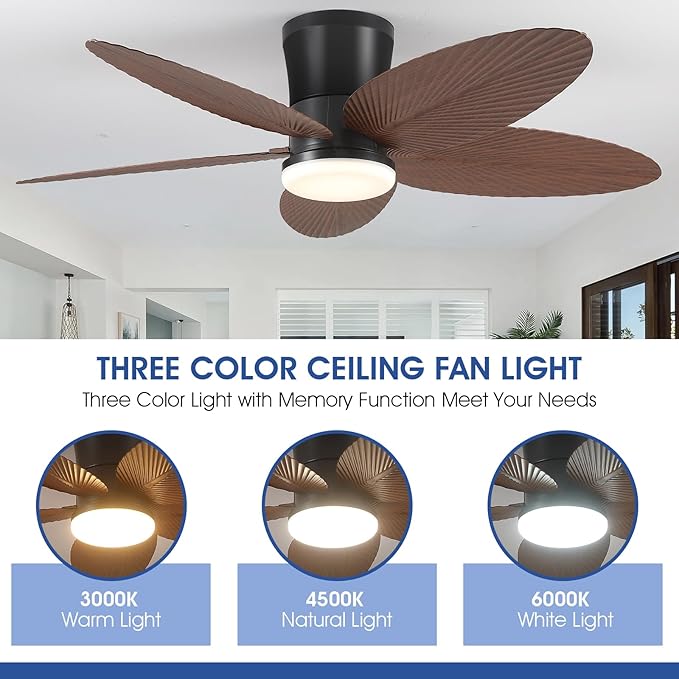 Surtime Palm Leaf Ceiling Fans with Lights-42 Tropical Ceiling Fan with Light and Remote/APP Control,Flush Mount Low Profile Ceiling Fans for Bedroom,Indoor/Outdoor Patio Use(Brown)
