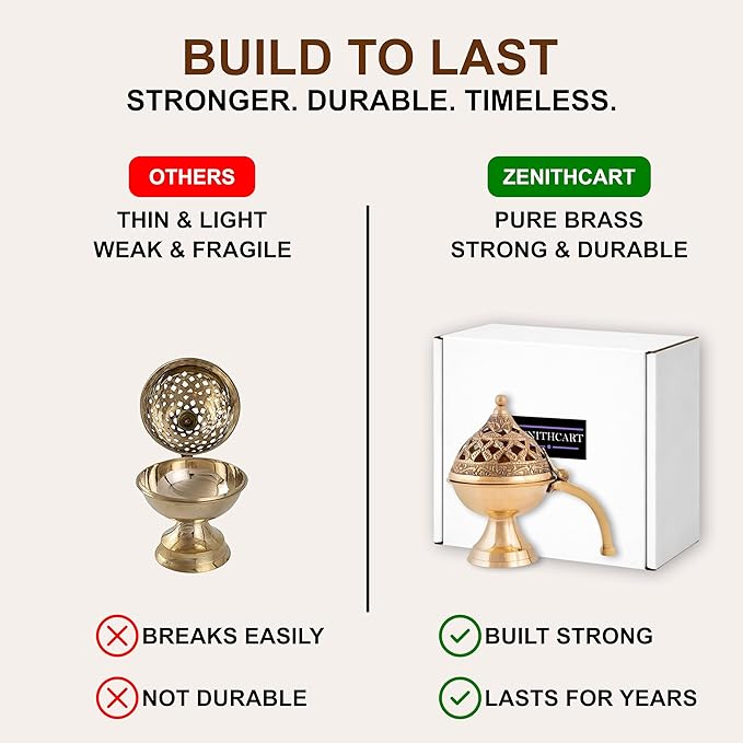 Pure Brass Loban Burner/Dhoop Dani | Round Dhuna Incense Burner for Loban & Dhoop | Traditional Tabletop Brass Dhooni for Home Purification | Small Size