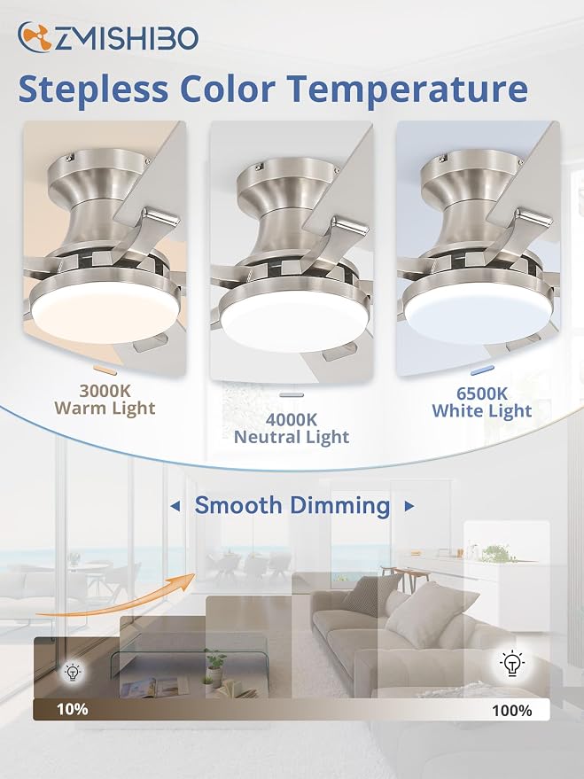 ZMISHIBO 42 Inch Ceiling Fan with Light, App&Remote Control, Flush Mount Low Profile, Dimmable 20W LED Light, Quiet Reversible Motor for Bedroom, Living Room, Apartment, Nickel