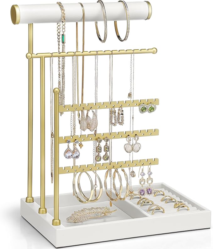 VLANDO Jewelry Stand Organizer with Ring Holder, Jewelry Holder Organizer with Tray, Necklace Holder Bracket Holder Earring Holder - White