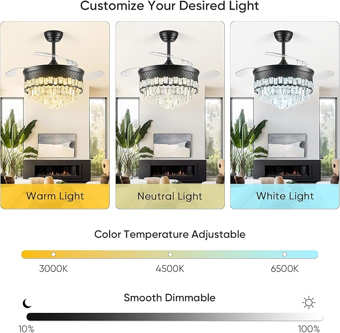 42" Fandelier Ceiling Fan with Lights,Crystal Retractable Ceiling Fan with Light,Chandelier Fans for Bedroom,Living Room,Reverse Motor,6 Speeds,3 Color Temperatures,Remote & APP Control-Black