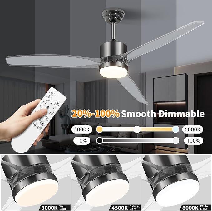 OKELI 52" Smart Ceiling Fan with Light, WiFi Enabled for Alexa & App Control, Reversible Black Modern Ceiling Fan with Dimmable LED Light and Remote, Clear Blades for Living Room Bedroom