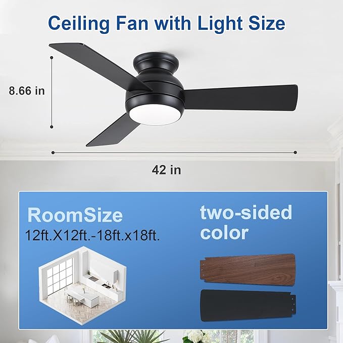 42 Inch Low Profile Ceiling Fan with Light Quiet for Bedroom, Black | Flush Mount,Remote Control,Reversible Quiet DC Motor,Wood Blade,6 Speed,3CCT Dimmable for Bedroom,Living Room