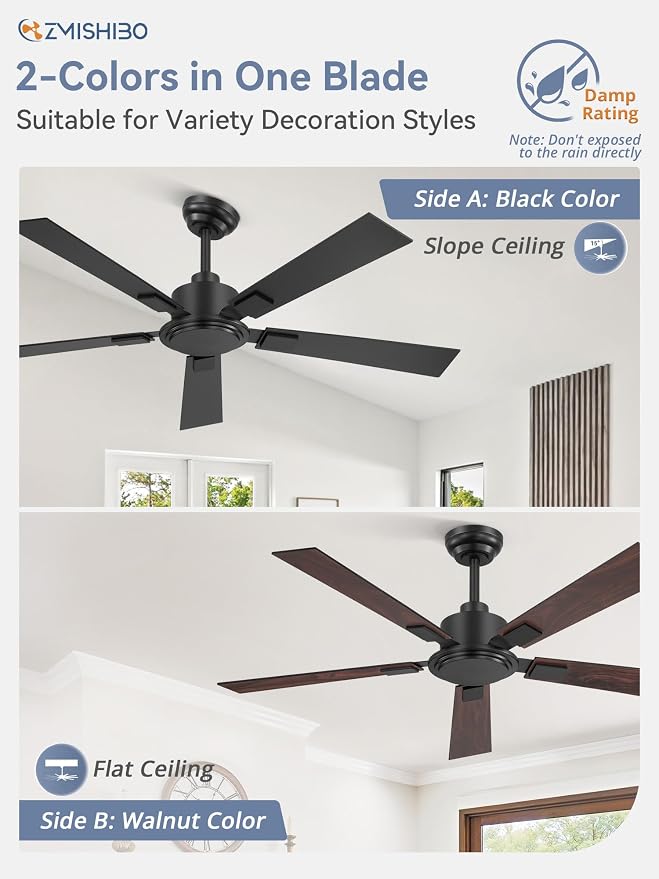 ZMISHIBO 52 Inch Ceiling Fan No Light with Remote Modern Black Ceiling Fan with Quiet Reversible DC Motor,6-Speeds 5 Blades, Indoor/Outdoor Ceiling Fans Without Light for Patios, Living Room, Garage