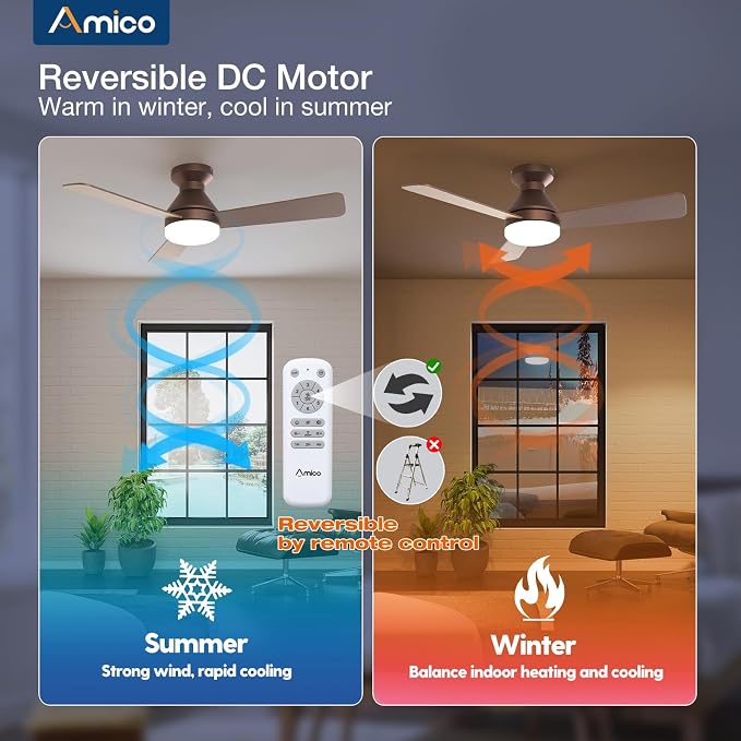 Amico Ceiling Fans with Lights, 42 inch Low Profile Ceiling Fan with Light and Remote Control, Flush Mount, Reversible, 3CCT, Dimmable, Noiseless, Brown Ceiling Fan for Bedroom, Indoor/Outdoor Use