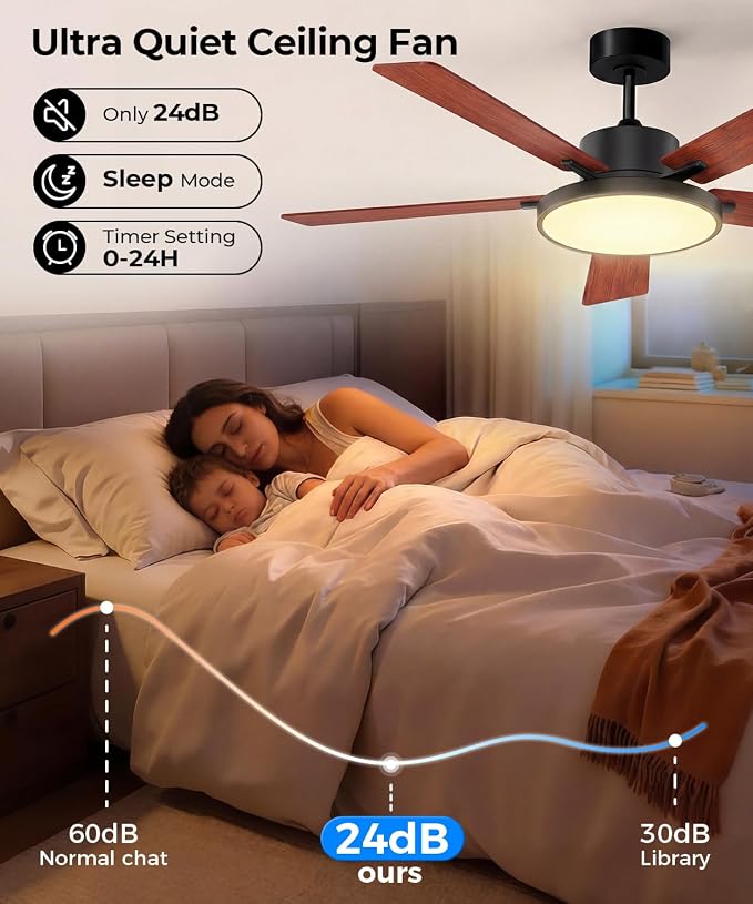 Ceiling Fan with Light, RGBCW Smart 52" Low Profile Ceiling Fan with Light and Remote, Alexa/Google/App Control, Reversible DC Motor, Dimmable, 2500lm, Quiet Fan for Bedroom,Living Room Brown