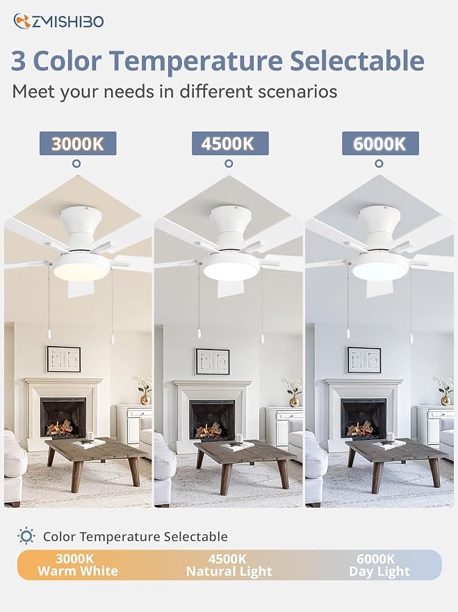 ZMISHIBO Ceiling Fans with Lights, Low Profile Ceiling Fan with Pull Chain and Remote Control, Flush Mount, Reversible, Dimmable, Noiseless, White Pull Cord Ceiling Fan for Bedroom(42inch White)