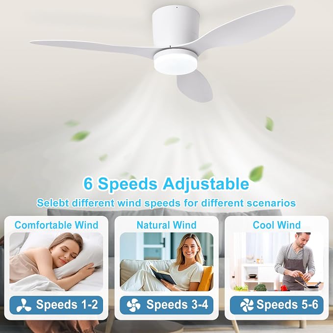 Depuley Flush Mount Ceiling Fan: 42-Inch White Ceiling Fans with Lights for Bedroom Indoor Outdoor - Low Profile Ceiling Fans with Remote Control 24W 3CCT Dimmable 3 Reversible White Blades 6 Speeds
