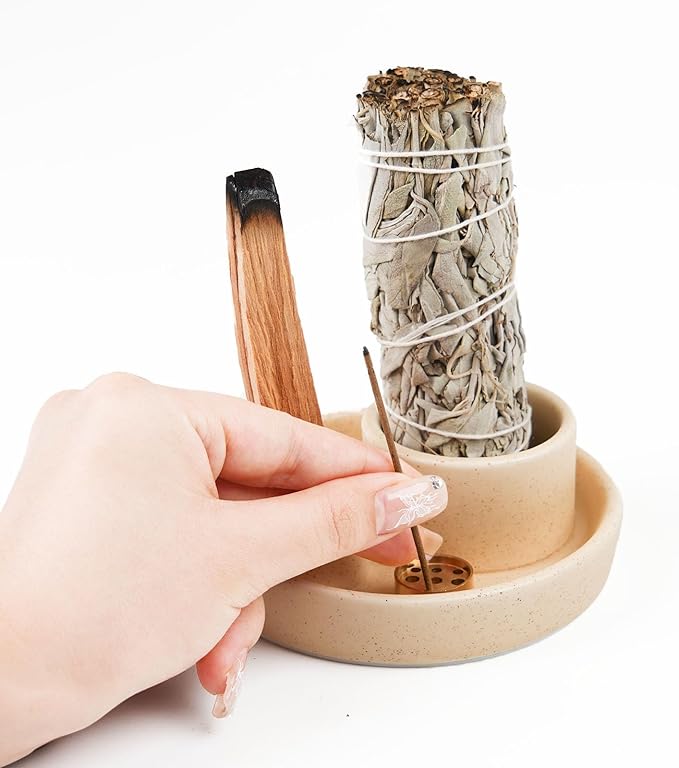 4 in 1 Incense Holder, Ceramic Incense Stick and Palo Santo Holder,Sage Holder for Burning- 4.25" Ceramic Ash Catcher Tray for Meditation and Yoga Room (Sand)