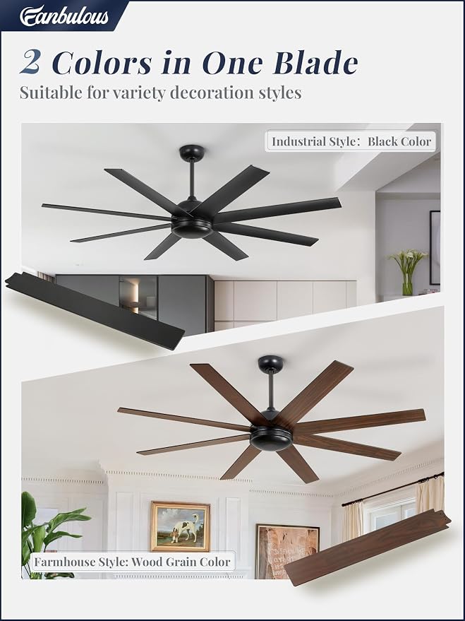 Fanbulous 65 Inch Ceiling Fans No Light with Remote, Black Indoor/Outdoor Ceiling Fan Without Light with Quiet Reversible DC Motor, 6 Speeds, 8 Blades Large Ceiling Fan for Living Room Bedroom Patio