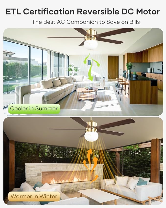 52 Inch Ceiling Fan with Light and Remote, Indoor & Outdoor Brushed Gold Ceiling Fan for Living Room Garage, Quiet DC Motor, Timer, 6 Speeds