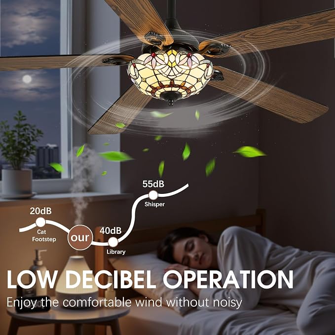 52" Tiffany Style Ceiling Fans with Lights, Vintage Chandelier Ceiling Fan with Stained Glass Shade, Dimmable LED, 6 Speeds Reversible for Bedroom (Red Dot)