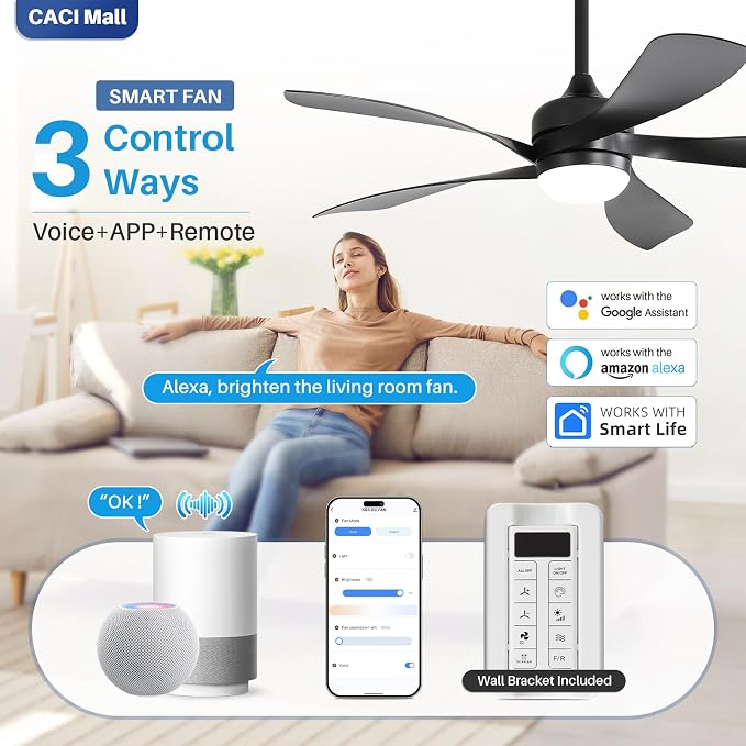 CACI Mall 52 inch Smart Ceiling Fan with Lights, Remote Control, Compatible with Alexa/Google/App, 5 Blades, Dimmable Lighting, Quiet, Indoor/Outdoor Ceiling Fans for Living Room, Bedroom, Patios