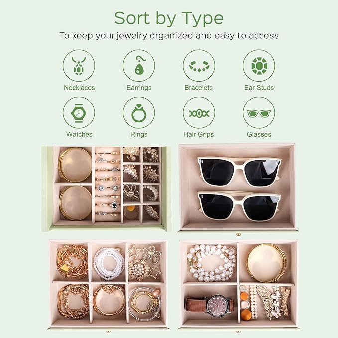 Dajasan Large Jewelry Box Organizer, Jewelry Storage Organizer with 3 Drawers, Huge Jewelry Box with Mirror for Women Girls, Double Door, Textured PU Leather, Gift Idea, Stylish (Green + Gold)