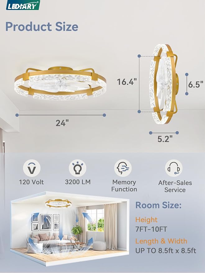 LEDIARY 24 Inch Low Profile Ceiling Fans with Lights and Remote, Flush Mount Fandelier Ceiling Fan, 3000K-6000K Dimmable LED Fan Light, Gold Modern Ceiling Fans with Lights for Bedroom
