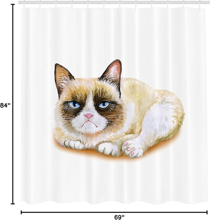 Ambesonne Animal Shower Curtain, Grumpy Siamese Cat Angry Paws Kitten Moody Love Art Print Watercolor Look Print, Cloth Fabric Bathroom Decor Set with Hooks, 69" W x 84" L, Beige and Brown