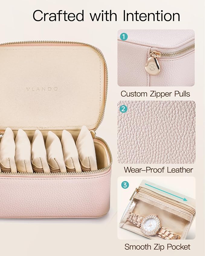 VLANDO Gifts for Women, Jewelry Box with 8 Velvet Jewelry Bags Travel Jewelry Case for Women Girls Jewelry Organizer Necklace Rings Earrings Bags Gift Ideas for Birthday Bride (Pink)