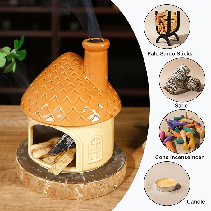 Mougigi Mini Ceramic Palo Santo Burner - Yellow House Chiminea Incense Holder with Stable Base, Ideal for Smudging Sage, Burning Incense Cones - Perfect for Meditation, Yoga, Altars, Home Decor