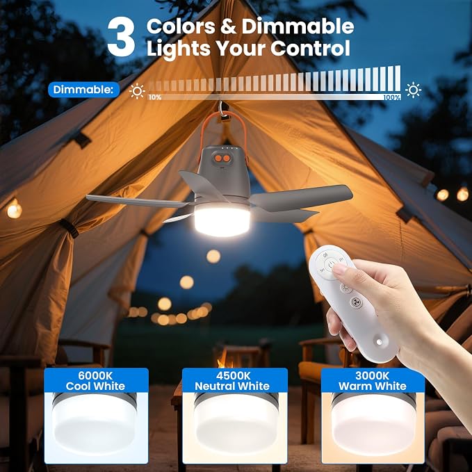 20" Portable Ceiling Fan with Light & Remote,20400mAh Battery Operated Outdoor Ceiling Gazebo Fan for Patios/Canopy/Cruise,Rechargeable Battery Powered Fan,Hangable Camping Light Fan,Camping Essential