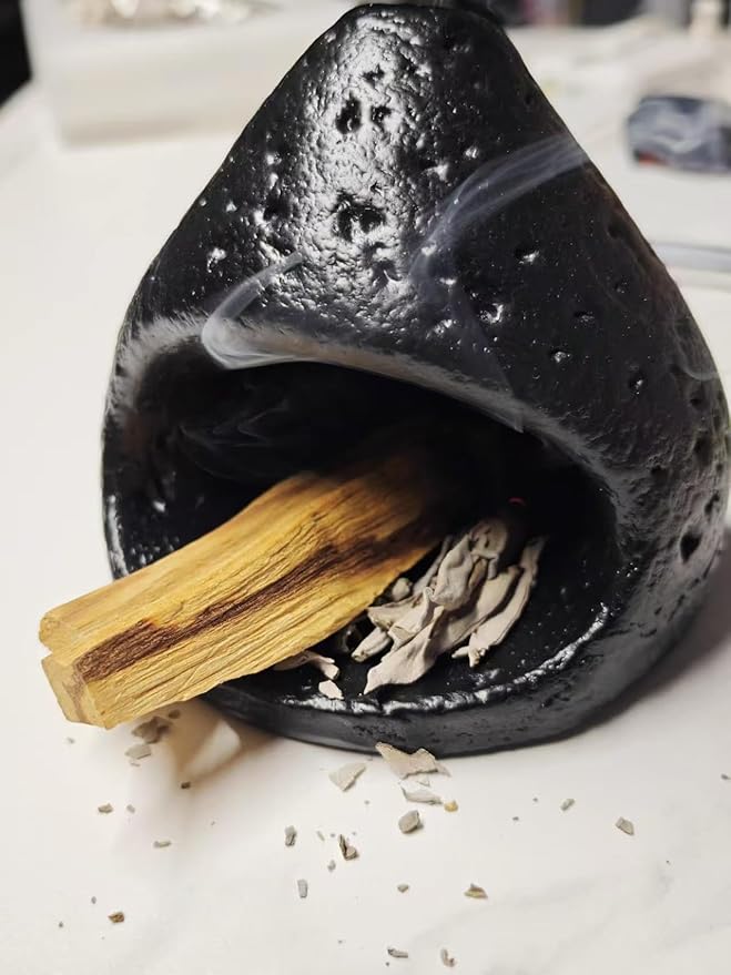 sage and palo Santo Chimney Burner Holder Incense Holder, Cone Burner Mini Chiminea Smudge Palo Santo Holder for Home Cleansing Meditation & Manifestation Gift (ONLY Black)