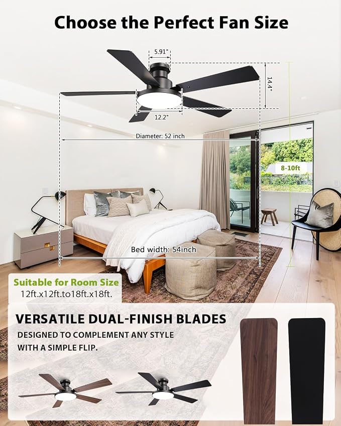 52 Inch Low Profile Black Ceiling Fan with Lights, 12.2'' Large 3CCT LED Light Panel, APP & Remote, 6-Speed Quiet Reversible DC Motor, Modern Flush Mount Ceiling Fan for Bedroom Living Room