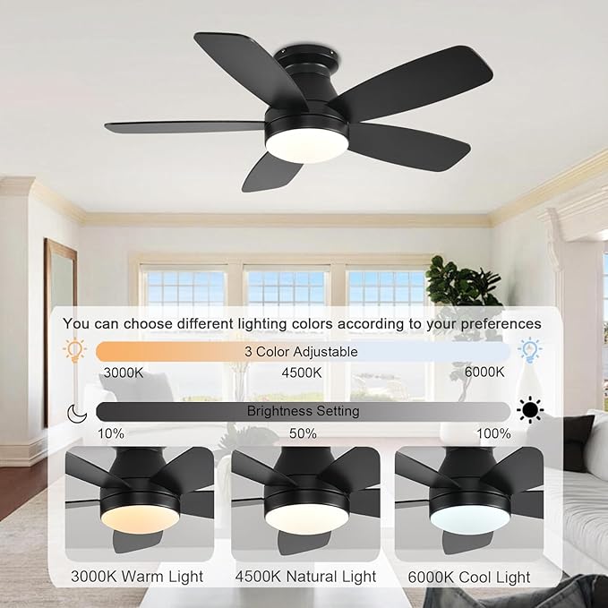 JSAITEE Ceiling Fans with Lights, 42 Inch Low Profile Ceiling Fan with Light and Remote/App Control, Flush Mount, Reversible, 3CCT, Dimmable, Noiseless, Black Ceiling Fan for Indoor/Outdoor Use