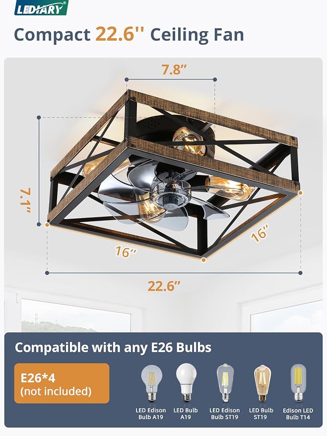 LEDIARY Caged Low Profile Square Ceiling Fans with Lights and Remote | 6 Speed and Reversible, Small Farmhouse Rustic Bladeless Ceiling Fan Flush Mount for Bedroom, Kitchen, Dining Room