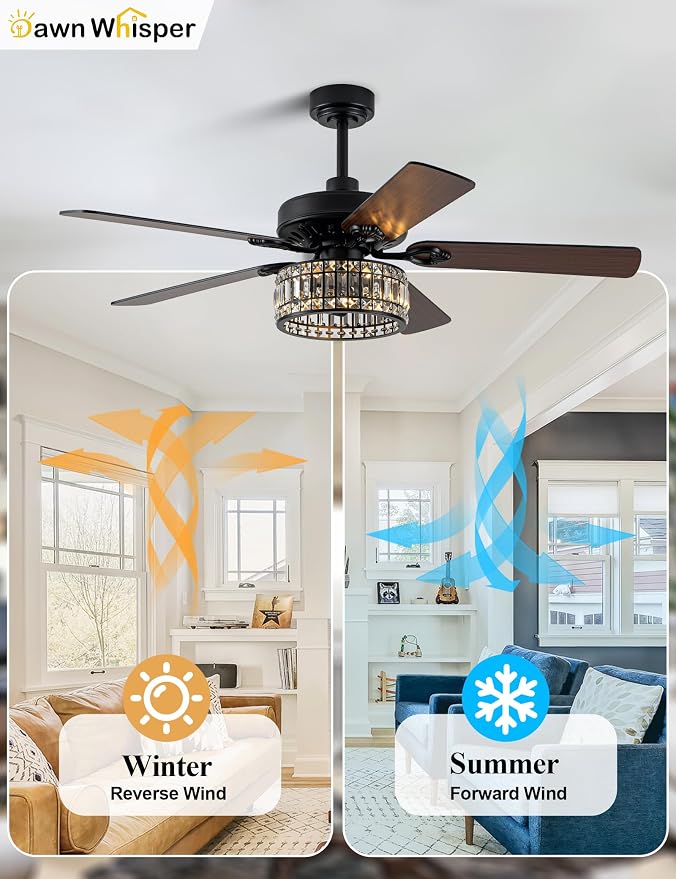Dawn Whisper 52 Inch Black Crystal Chandelier Ceiling Fans with Lights Modern Farmhouse Vintage Ceiling Fans for Living Room Bedroom Quiet Reversible DC Motor 6 Speeds 3*E26 Light Bulbs Base