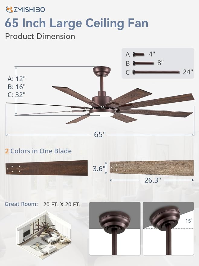 ZMISHIBO 65 Inch Ceiling Fans with Lights and Remote, Bronze Large Ceiling Fan with 3000-6000K Dimmable, Quiet Reversible DC Motor, 6 Speeds, 8 Blades Indoor/Outdoor Ceiling Fan for Patios Living Room