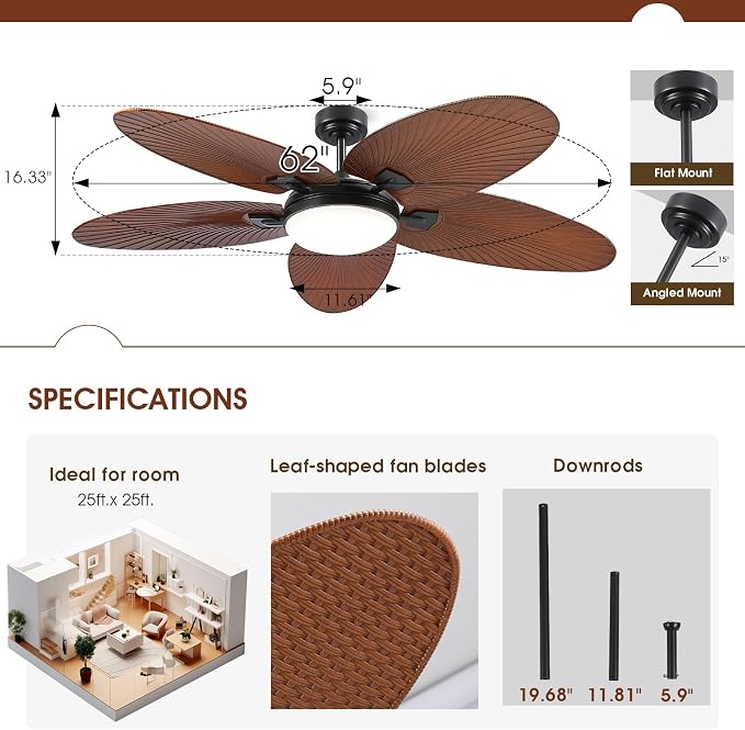 62" Large Brown Tropical Style Palm Leaf Ceiling Fans with Lights & Remote | Super Large Airflow with 6 Wind Speeds,Reversible,3 LED Light Colors,50W Quiet DC Motor,4H Timer,Suits for Living Room Patio