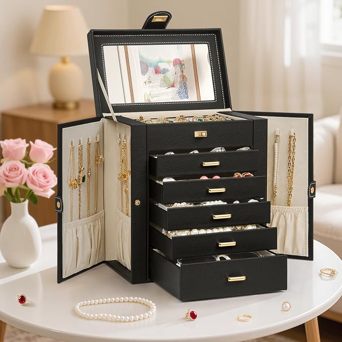 AKOZLIN 6-Tier Jewelry Box Organizer Functional 5 Drawers Leather Jewelry Storage Case for Women Girls Ring Necklace Earring Bracelet Holder Organizer with Mirror Medium Black