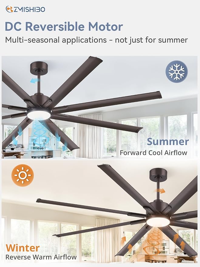 ZMISHIBO 84" Industrial Ceiling Fans with Lights, Large Ceiling Fan with 3CCT, 8 Reverisble Aluminum Blades, Quiet DC Motor, 6-Speed, Indoor/Outdoor Ceiling Fans for Patios/Garage/Porch, Oil-bronze