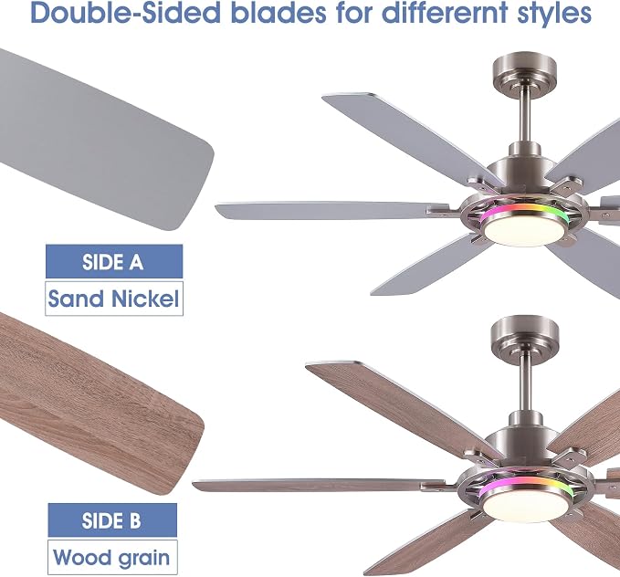 SHIHOT 54" Modern Sand Nickel 6-Blade RGB Ceiling Fans with Lights & Remote | 14 RGB Modes ,6 Wind Speeds, Reversible, Dimmable 3 CCT LED, 30W Quiet DC Motor,6 Double-Sided Blades,for Bedroom Kidsroom