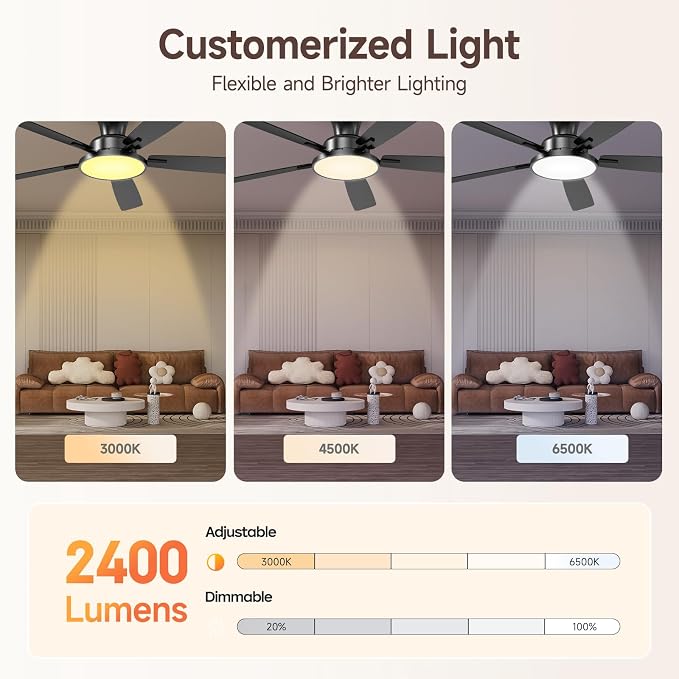 TALOYA Ceiling Fans with Lights and Remote, 52 inch Low Profile Ceiling Fan with Nightlight, Flush Mount, Reversible, 3CCT, Dimmable Black Modern Ceiling Fan for Bedroom, Living Room, Outdoor Patio