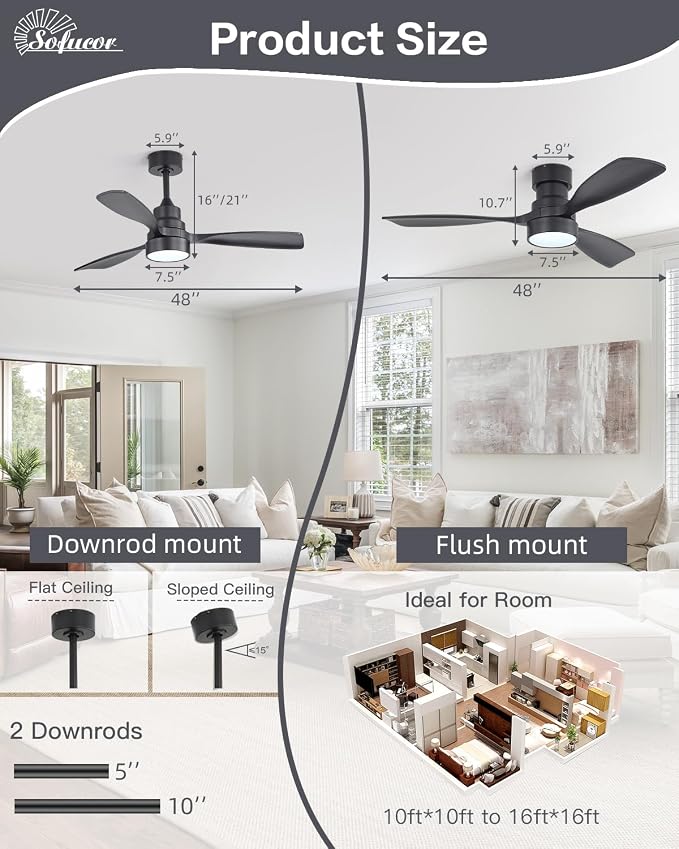 Sofucor 48 Inch Smart Ceiling Fans with Lights-Flush Mount & Downrod Mount Modern Outdoor Ceiling Fans with Alexa/Google Assistant/APP/Remote Control for Bedroom/Farmhouse/Patio, Black