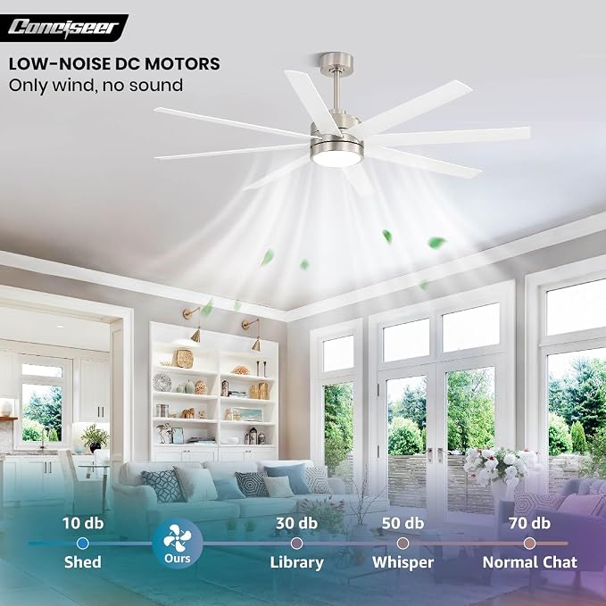 Conciseer 72 Inch Ceiling Fans with Lights and Remote for Bedroom Living Room Kitchen Library Cafe Outdoor/Industrial Use, 3CCT Dimmable, 8 Blades 6 Speed Reversible Quiet DC Motor, Sand-nickel/White