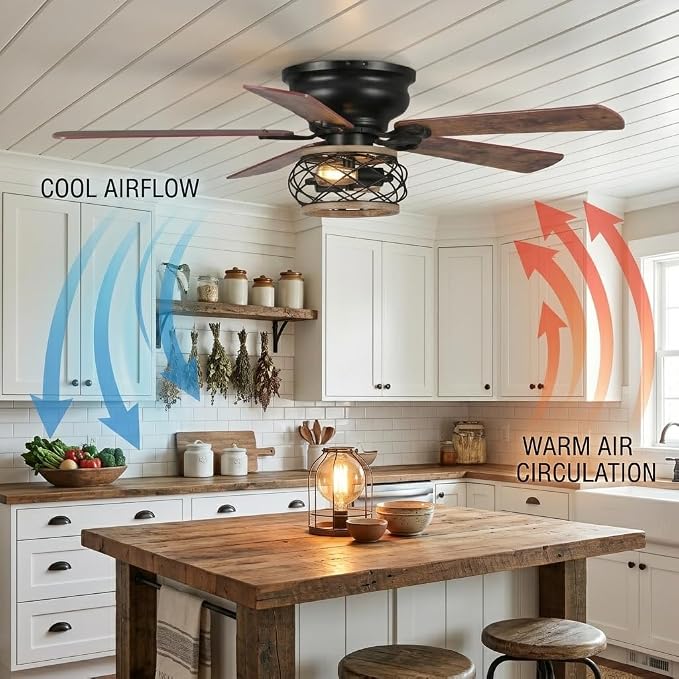 48 Inch Farmhouse Ceiling Fan with Light, Industrial Flush Mount Ceiling Fan with Remote Control, Low Profile Ceiling Fan for Bedroom Living Room, Timer, Black Caged Ceiling Fan for Indoor and Outdoor