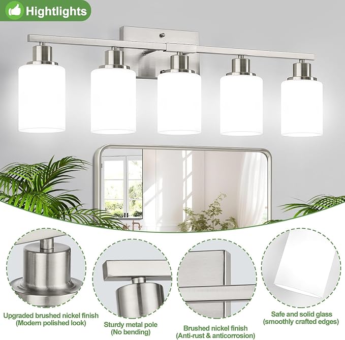 Indoi 5-Light Bathroom Light Fixtures, Brushed Nickel Modern Vanity Lights with Milky White Shades, Bathroom Wall Lamp for Mirror Living Room Cabinet Bedroom Porch