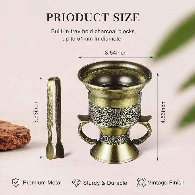 Zonon 2 Sets Bronze Incense Burner with Tong, Frankincense Charcoal Incense Stand Holder, Ideal for Yoga, Spa, Aromatherapy, Home and Christian Church Censer (Elegant)
