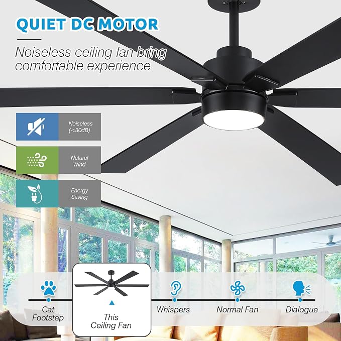 66 Inch Outdoor Ceiling Fans for Patios with Lights Damp Rated, Large Modern Black Ceiling Fans with 6 Blades, High CFM Quiet Reversible DC Motor, for Indoor Living Room Commercial Exterior Gazebo