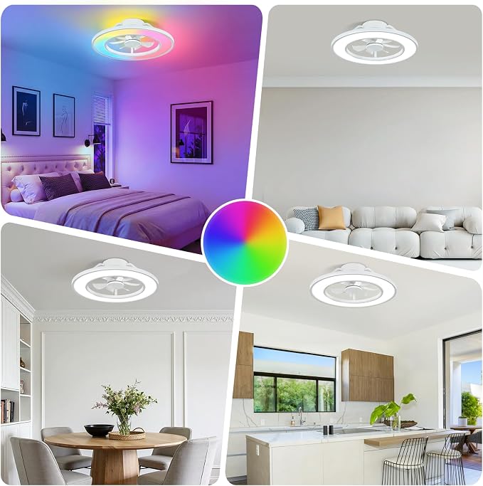20'' RGB Ceiling Fans with Lights and Remote, Low Profile Ceiling Fans, 3000-6000K Dimmable Modern Flush Mount LED Fan Light, Bladeless Fandelier Ceiling Fan for Bedroom, Living Room, White