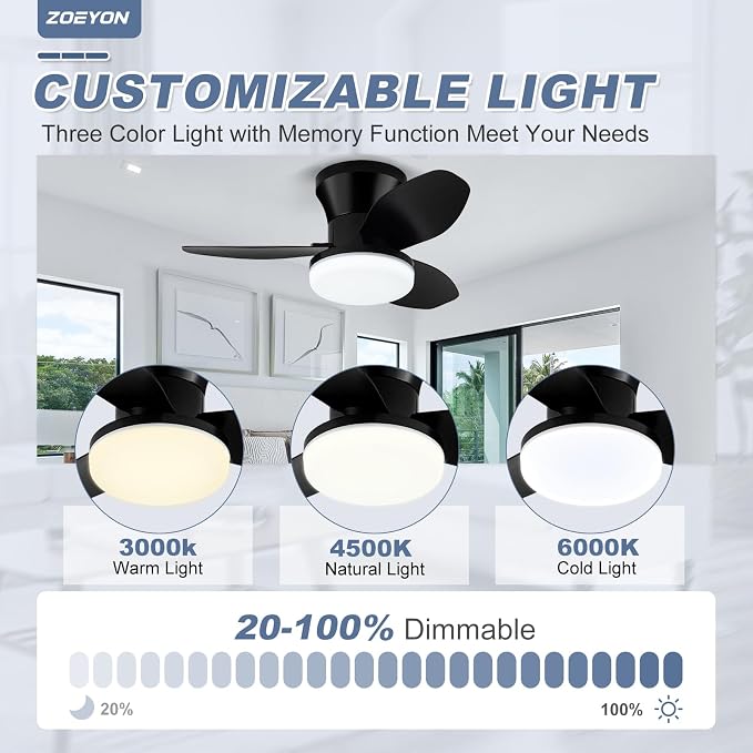 Small Ceiling Fan with Light - 26 Inch Flush Mount Ceiling Fan with Lights and Remote, Low Profile Ceiling Fans with 3 Reversible Blades, 6 Wind Speeds, Black Ceiling Fans for Bedroom