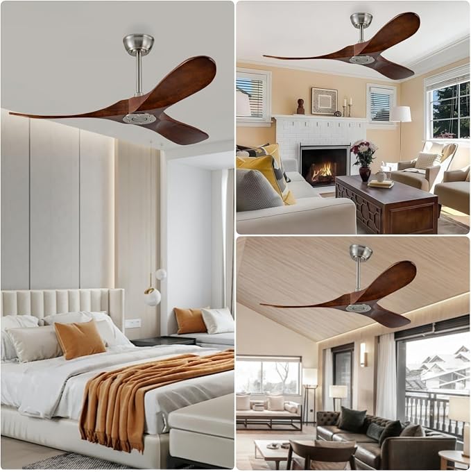 42 Inch Ceiling Fan Without Lights,Deep Walnut Ceiling Fans,Quiet DC Motor,Wooden Ceiling Fan,2 Downrods,Timer, 6-Speed for Living Room,Bedroom,Dining Room,Patio,Porch(Brushed Nickel+Dark Walnut)