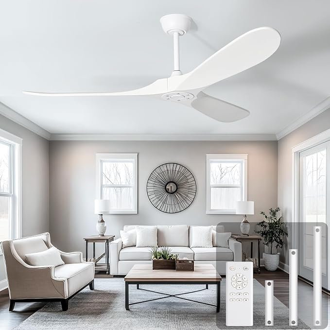 heimo 60 Inch White Ceiling Fan No Light，Indoor Outdoor 3 Blade Wood Ceiling Fans Without Lights for Patios Bedroom Living Room Farmhouse Big Outside Fan for Flat Sloped Angled Ceiling