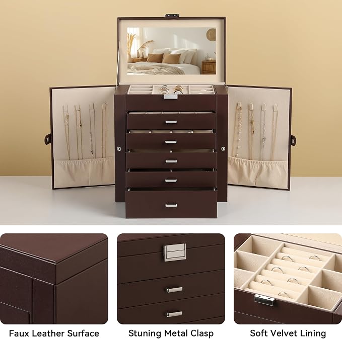 Frebeauty 6-Layer Jewelry Box for Women,Large Jewelry Organizer with Drawer | Faux Leather,Built-in Mirror,Spacious Jewelry Storage,16 Necklace Hooks,Organizing by Category for Rings Earrings Bracelet