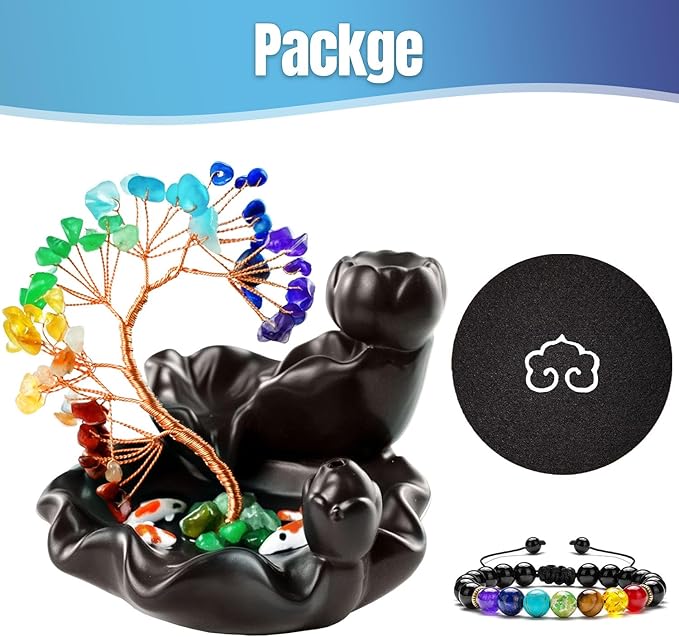 Backflow Incense Burner Ceramic Incense Waterfall Backflow Incense Holder 7 Chakras Gemstone Money Tree Crystal Tree Namaste Chakra Bracelet Cushion FengShui (Dark Brown)