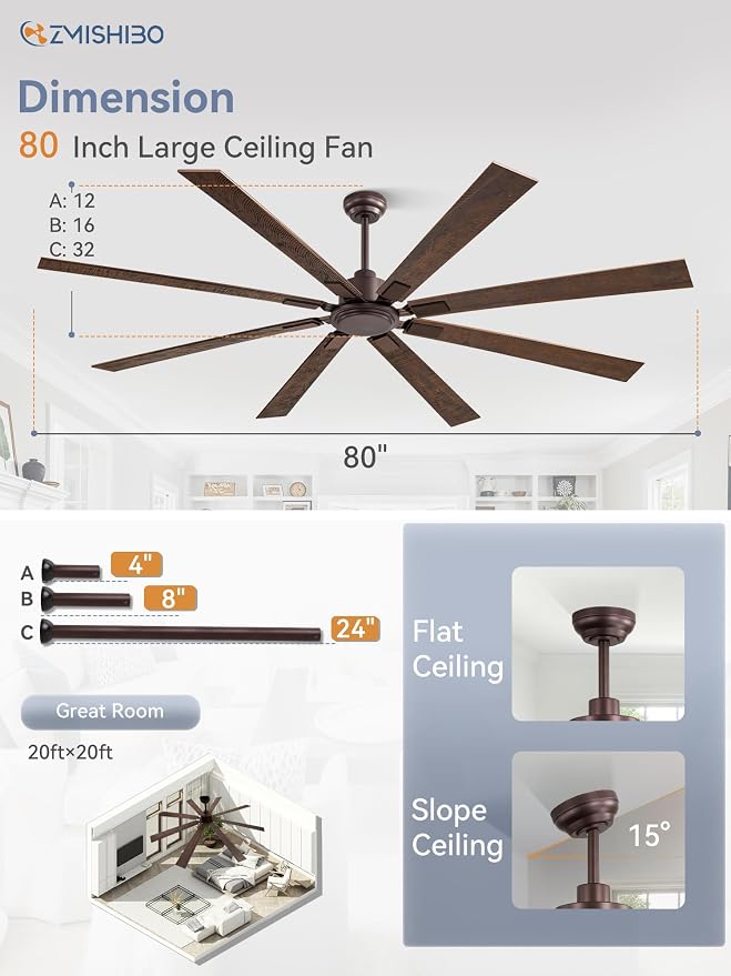 ZMISHIBO 80 Inch Ceiling Fan No Light with Remote Control, 8 Blades Quiet DC Reversible Motor, 6-Speed, Timer, Oil Rubbed Bronze Finish, Indoor Outdoor Ceiling Fans for Patios, Living Room, Garage