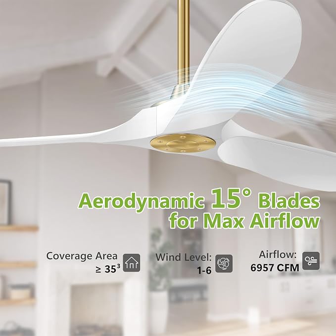 Haipeel 72 Inch Ceiling Fans without Lights, Wood Large Ceiling Fan no Light and Remote Control, Modern Indoor Outdoor Ceiling Fan no Light 3 Blade Propeller for Patios Garage High cfm, White Gold