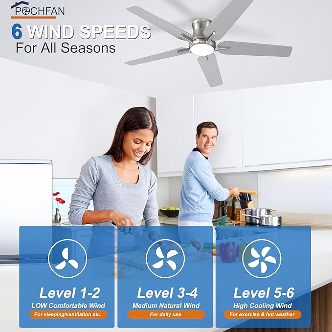 POCHFAN 52 Inch Ceiling Fans with Lights and Remote, Brushed Nickel Flush Mount Low Profile Ceiling Fan for Bedroom, Living Room, Patio, Dimmable 6 Speeds Noiseless, ETL Listed